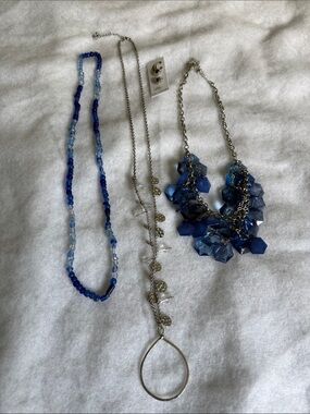 3 Blue Bead and Chain Necklace and Earrings